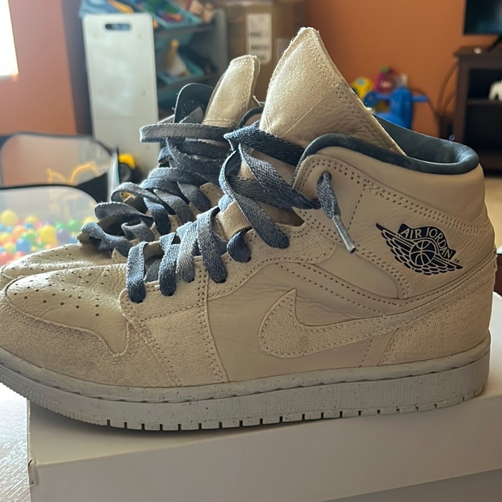 Beige and Blue High-Top Sneakers - Picture 2 of 5